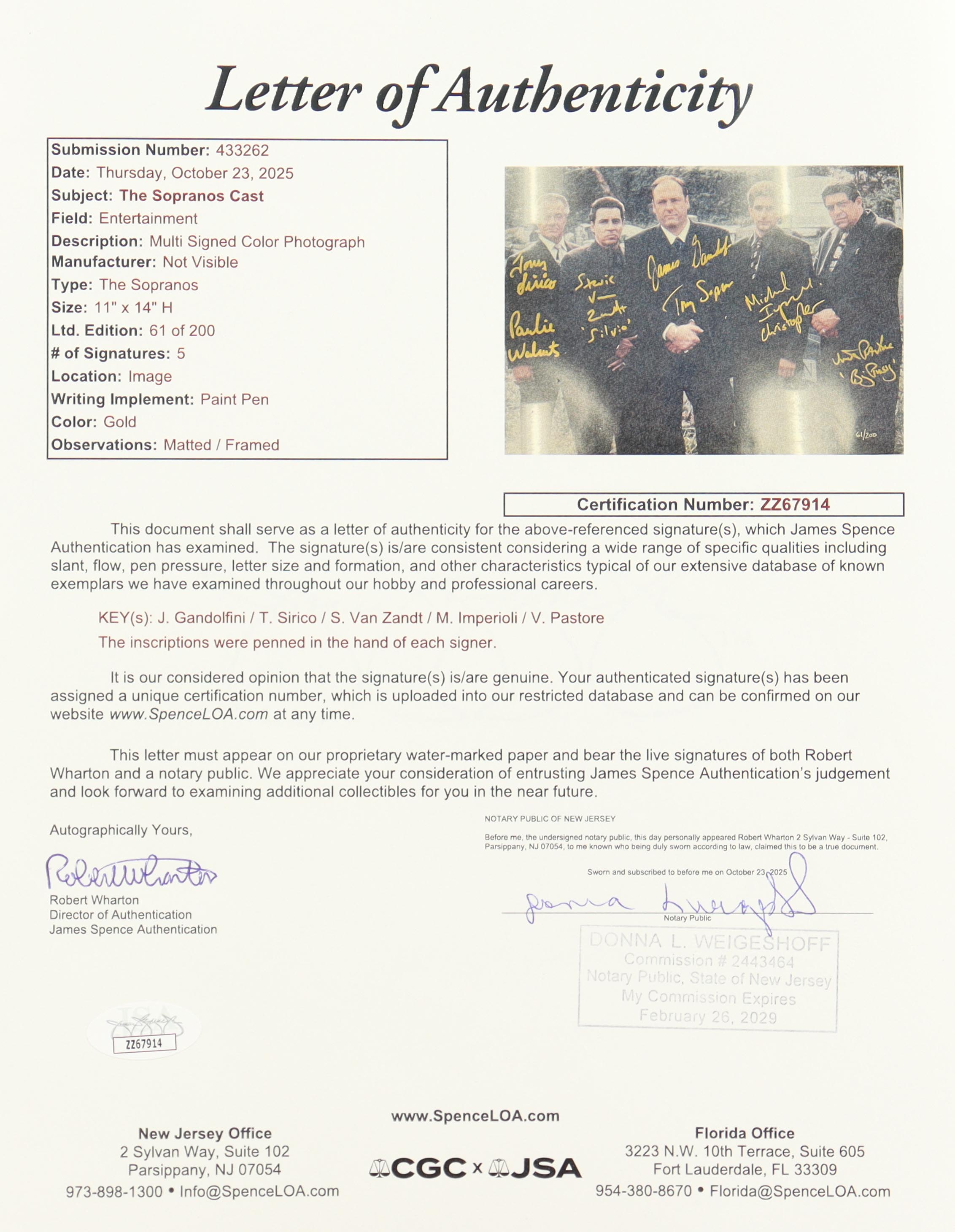 James Gandolfini, Tony Sirico, Steven Van Zandt | "The Sopranos" LE Custom Framed Photo Cast-Signed & Inscribed By (5) #61/200 (JSA) at PristineAuction.com James Gandolfini, Tony Sirico, Steven Van Zandt | "The Sopranos" LE Custom Framed Photo Cast-Signed & Inscribed By (5) #61/200 (JSA) at PristineAuction.com