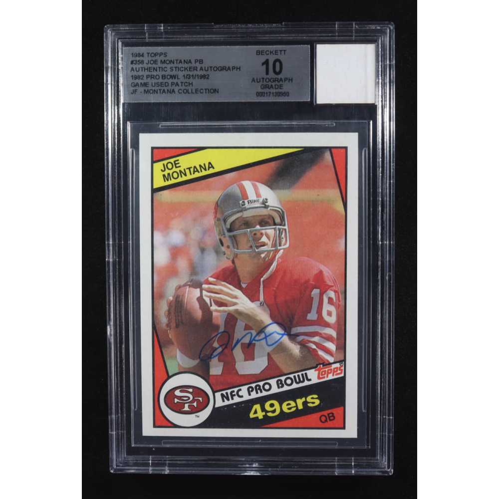 Joe Montana Sticker-Signed 1984 Topps #358 PB with 1992 Pro Bowl Game-Used Patch (BGS | Auto Grade 10) at PristineAuction.com