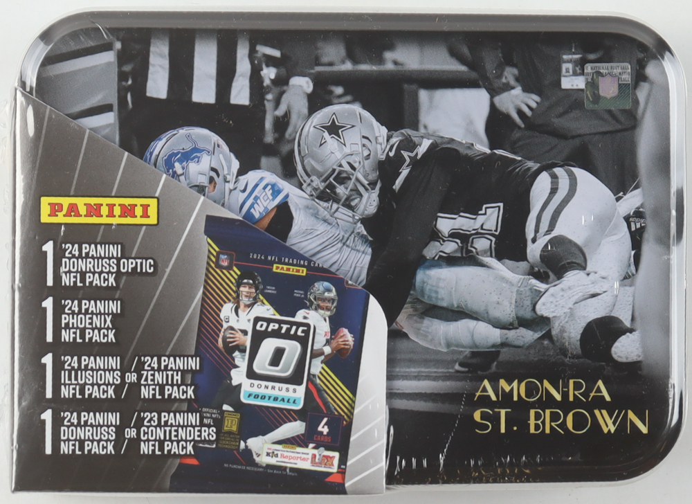 Amon-Ra St. Brown Panini 2025 Championship Collection Football Tin with (4) Packs at PristineAuction.com Amon-Ra St. Brown Panini 2025 Championship Collection Football Tin with (4) Packs at PristineAuction.com