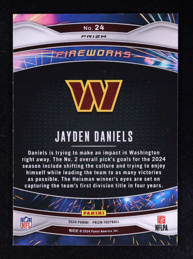 Jayden Daniels 2024 Panini Prizm Fireworks Prizms Silver #24 RC at PristineAuction.com Jayden Daniels 2024 Panini Prizm Fireworks Prizms Silver #24 RC at PristineAuction.com