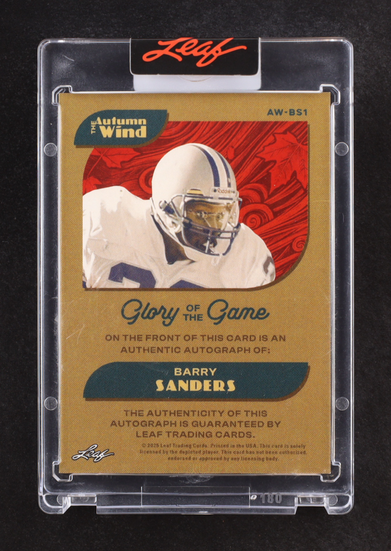 Barry Sanders 2025 Leaf Glory of the Game Autumn Wind Autographs Red #AWBS1 #2/2 at PristineAuction.com Barry Sanders 2025 Leaf Glory of the Game Autumn Wind Autographs Red #AWBS1 #2/2 at PristineAuction.com