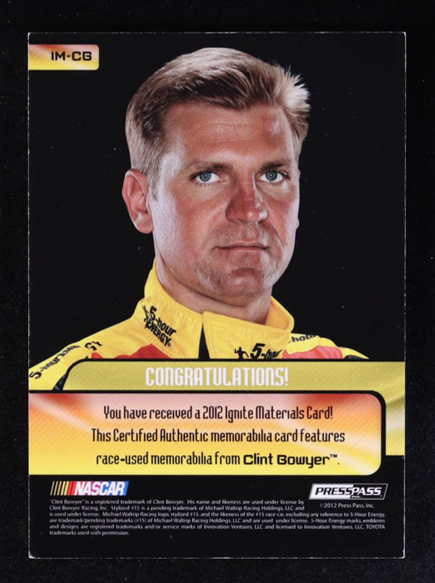 Clint Bowyer 2012 Press Pass Ignite Materials Silver #IMCB at PristineAuction.com Clint Bowyer 2012 Press Pass Ignite Materials Silver #IMCB at PristineAuction.com