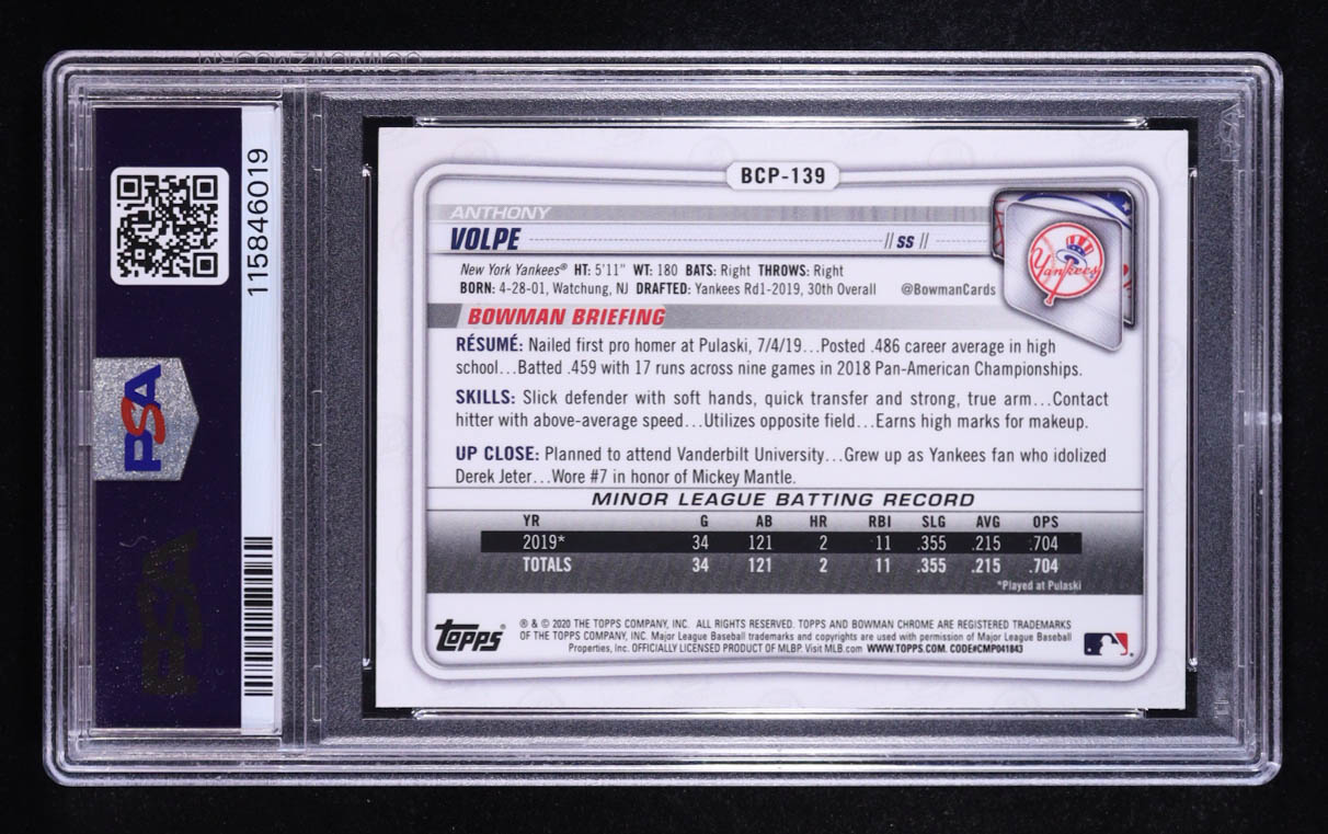 Anthony Volpe 2020 Bowman Chrome Sapphire Prospects #BCP139 RC (PSA 9) at PristineAuction.com Anthony Volpe 2020 Bowman Chrome Sapphire Prospects #BCP139 RC (PSA 9) at PristineAuction.com