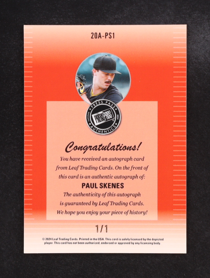 Paul Skenes 2024 Leaf Collective '00 Press Pass Autographs Shimmer Gold #20APS1 RC #1/1 at PristineAuction.com Paul Skenes 2024 Leaf Collective '00 Press Pass Autographs Shimmer Gold #20APS1 RC #1/1 at PristineAuction.com