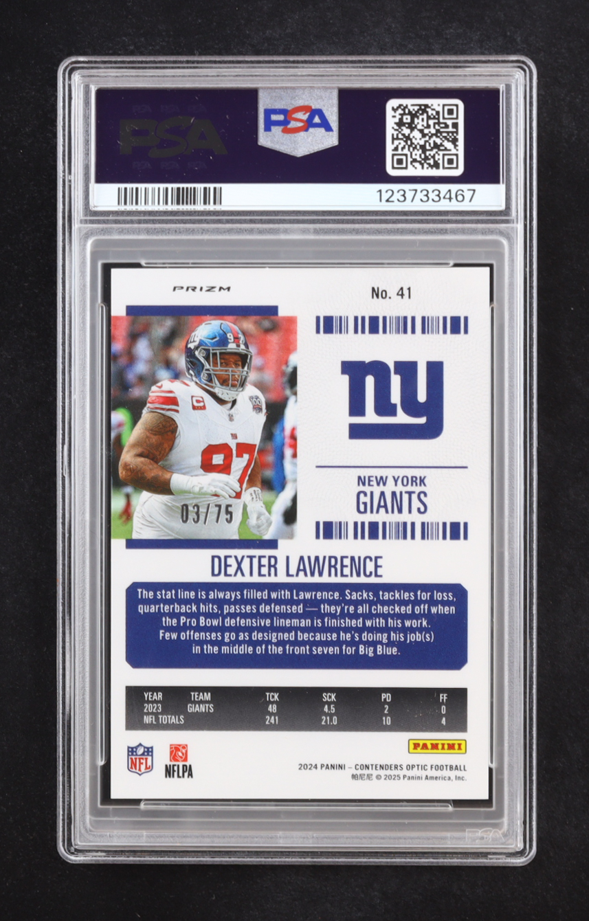 Dexter Lawrence 2024 Contenders Optic Orange Season Ticket #41 #03/75 (PSA 9) at PristineAuction.com Dexter Lawrence 2024 Contenders Optic Orange Season Ticket #41 #03/75 (PSA 9) at PristineAuction.com