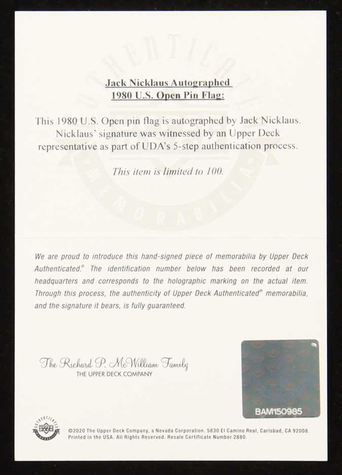 Jack Nicklaus Signed LE 1980 U.S. Open Pin Flag (UDA) at PristineAuction.com Jack Nicklaus Signed LE 1980 U.S. Open Pin Flag (UDA) at PristineAuction.com