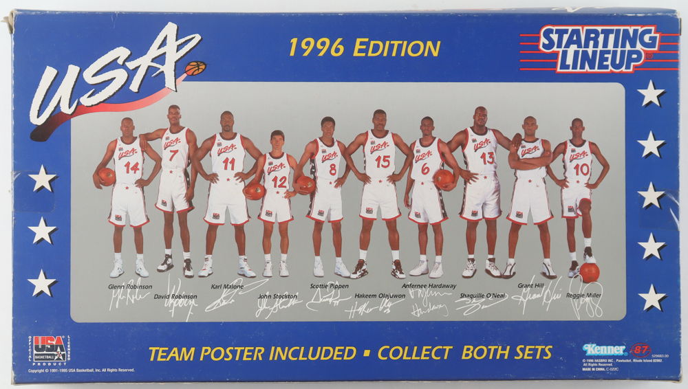 1996 Starting Lineup Team USA Basketball Players Action Figure Set One of Two with John Stockton, Shaquille O'Neal, Scottie Pippen & Original Packaging at PristineAuction.com 1996 Starting Lineup Team USA Basketball Players Action Figure Set One of Two with John Stockton, Shaquille O'Neal, Scottie Pippen & Original Packaging at PristineAuction.com