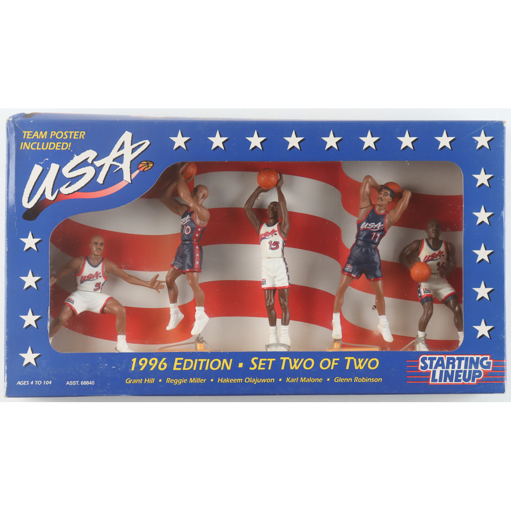 1996 Starting Lineup Team USA Basketball Players Action Figure Set Two of Two with Grant Hill, Hakeem Olajuwon, Karl Malone & Original Packaging at PristineAuction.com