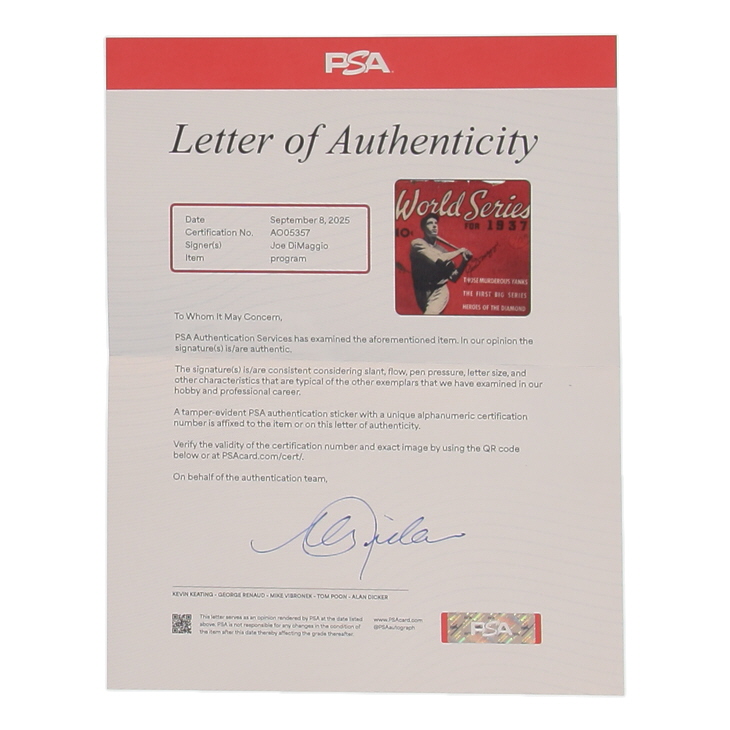 Joe DiMaggio Signed 1937 World Series Program Magazine (PSA) at PristineAuction.com Joe DiMaggio Signed 1937 World Series Program Magazine (PSA) at PristineAuction.com