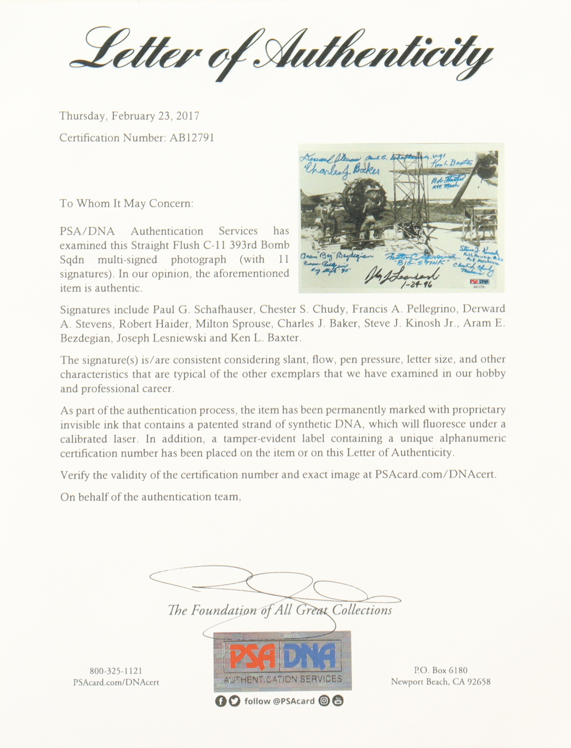 WWII B-29 Straight Flush Crew Signed 5x7 Photograph (PSA) x11 Atomic Bomb Mission Crew at PristineAuction.com WWII B-29 Straight Flush Crew Signed 5x7 Photograph (PSA) x11 Atomic Bomb Mission Crew at PristineAuction.com