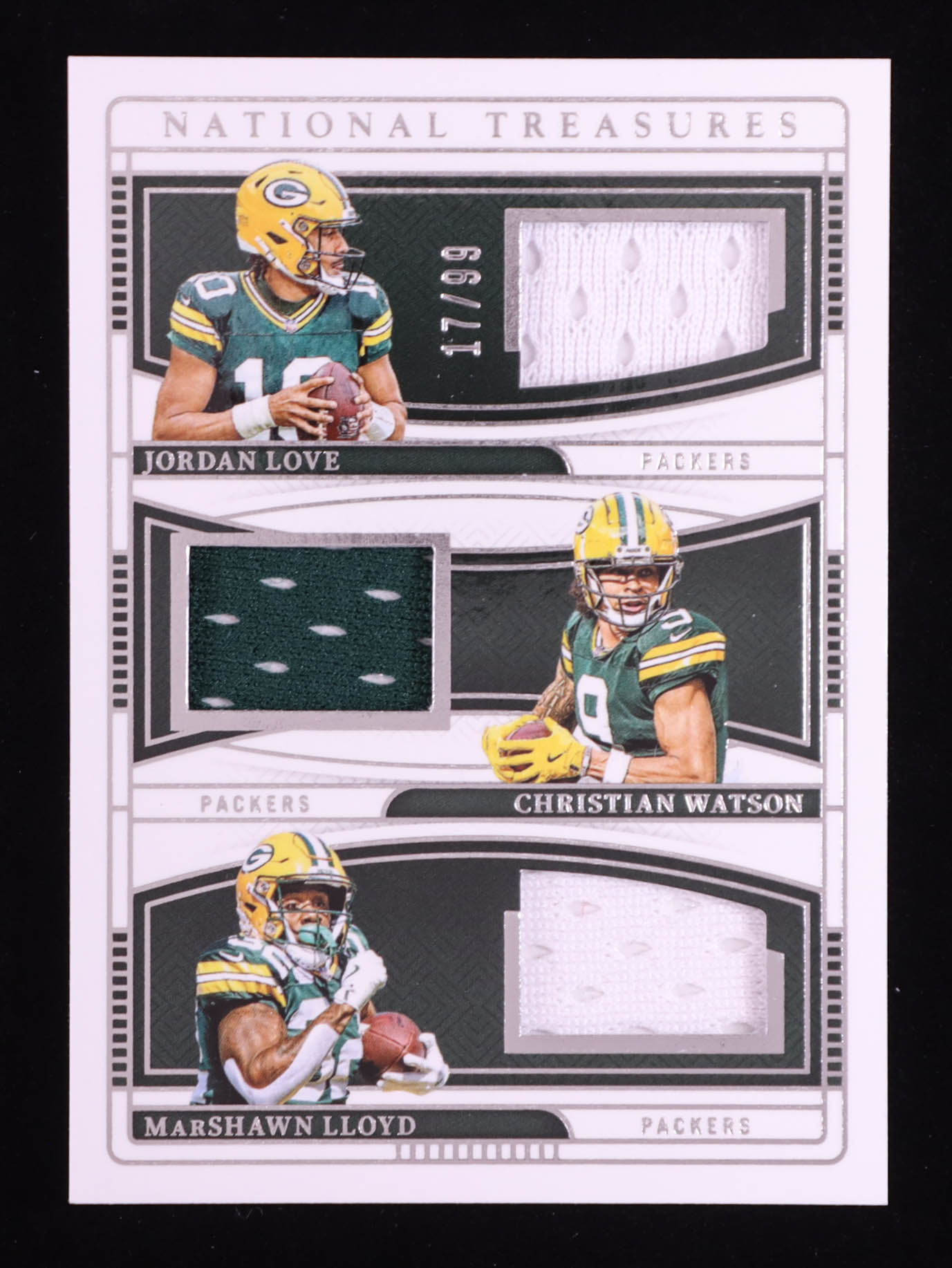Jordan Love / Christian Watson / MarShawn Lloyd 2024 Panini National Treasures NFL Gear Trio Materials #18 #17/99 at PristineAuction.com Jordan Love / Christian Watson / MarShawn Lloyd 2024 Panini National Treasures NFL Gear Trio Materials #18 #17/99 at PristineAuction.com