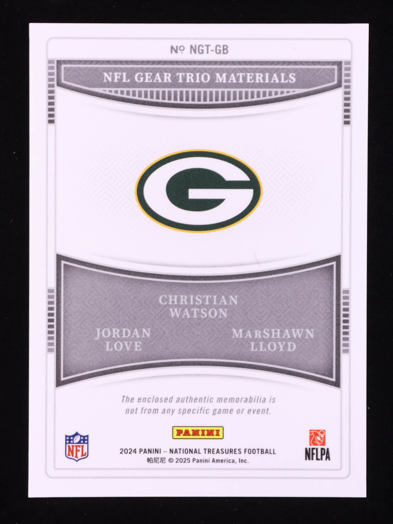Jordan Love / Christian Watson / MarShawn Lloyd 2024 Panini National Treasures NFL Gear Trio Materials #18 #17/99 at PristineAuction.com Jordan Love / Christian Watson / MarShawn Lloyd 2024 Panini National Treasures NFL Gear Trio Materials #18 #17/99 at PristineAuction.com