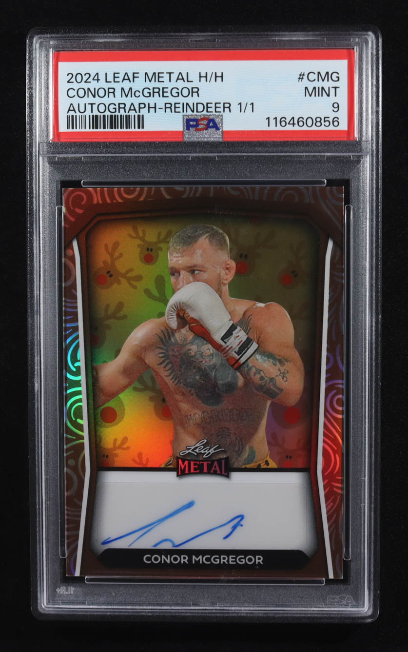 Conor McGregor 2024 Leaf Metal Happy Holidays Autographs Prismatic Reindeer #HHACMG #1/1 (PSA 9) at PristineAuction.com Conor McGregor 2024 Leaf Metal Happy Holidays Autographs Prismatic Reindeer #HHACMG #1/1 (PSA 9) at PristineAuction.com
