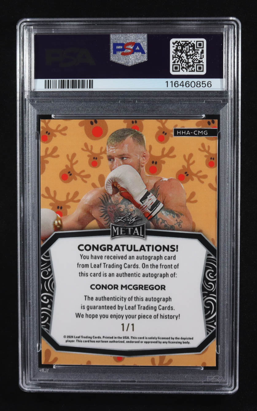 Conor McGregor 2024 Leaf Metal Happy Holidays Autographs Prismatic Reindeer #HHACMG #1/1 (PSA 9) at PristineAuction.com Conor McGregor 2024 Leaf Metal Happy Holidays Autographs Prismatic Reindeer #HHACMG #1/1 (PSA 9) at PristineAuction.com