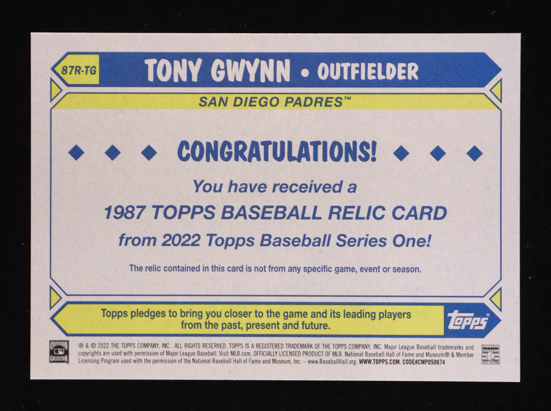 Tony Gwynn 2022 Topps '87 Topps Relics #87RTG at PristineAuction.com Tony Gwynn 2022 Topps '87 Topps Relics #87RTG at PristineAuction.com