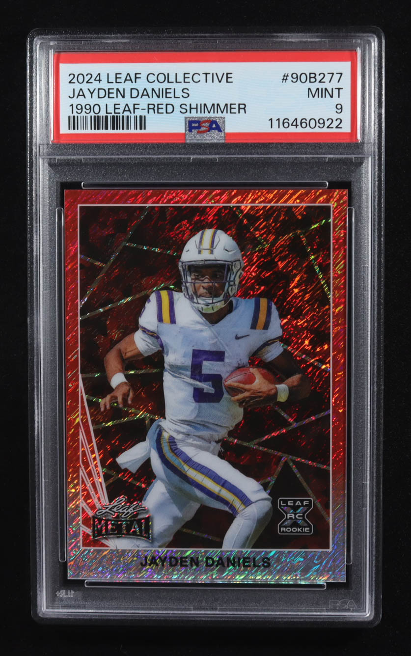 Jayden Daniels 2024 Leaf Collective '90 Leaf Red Shimmer #90B277 #4/5 RC (PSA 9) at PristineAuction.com Jayden Daniels 2024 Leaf Collective '90 Leaf Red Shimmer #90B277 #4/5 RC (PSA 9) at PristineAuction.com