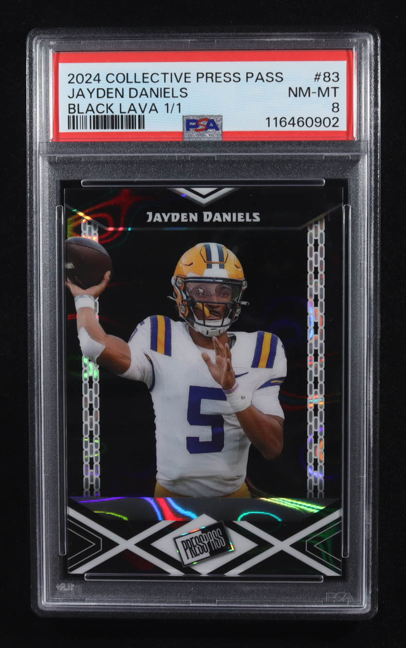 Jayden Daniels 2024 Leaf Collective Press Pass Lava Black #PPB83 #1/1 RC (PSA 8) at PristineAuction.com Jayden Daniels 2024 Leaf Collective Press Pass Lava Black #PPB83 #1/1 RC (PSA 8) at PristineAuction.com