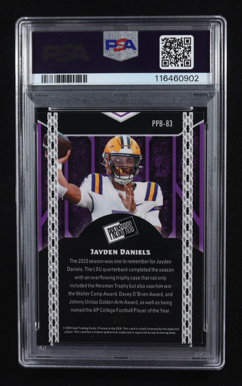 Jayden Daniels 2024 Leaf Collective Press Pass Lava Black #PPB83 #1/1 RC (PSA 8) at PristineAuction.com Jayden Daniels 2024 Leaf Collective Press Pass Lava Black #PPB83 #1/1 RC (PSA 8) at PristineAuction.com