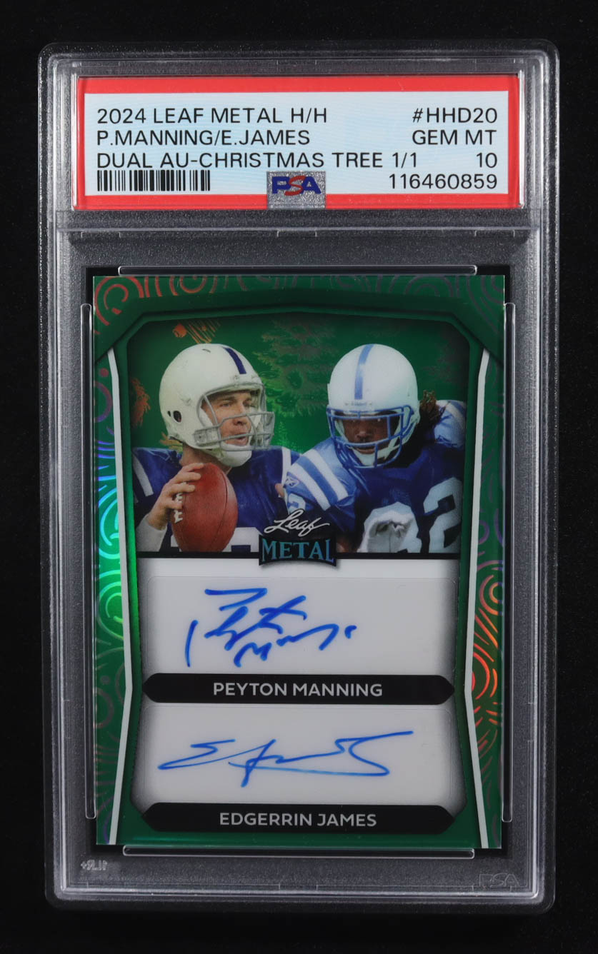 Peyton Manning / Edgerrin James 2024 Leaf Metal Happy Holidays Dual Autographs Prismatic Christmas Tree #HHD20 #1/1 (PSA 10) at PristineAuction.com Peyton Manning / Edgerrin James 2024 Leaf Metal Happy Holidays Dual Autographs Prismatic Christmas Tree #HHD20 #1/1 (PSA 10) at PristineAuction.com