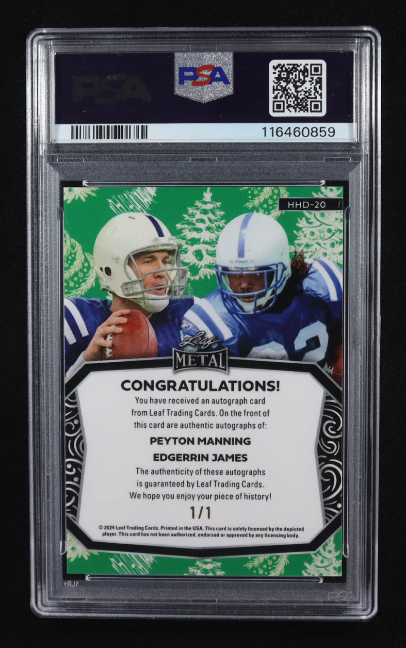 Peyton Manning / Edgerrin James 2024 Leaf Metal Happy Holidays Dual Autographs Prismatic Christmas Tree #HHD20 #1/1 (PSA 10) at PristineAuction.com Peyton Manning / Edgerrin James 2024 Leaf Metal Happy Holidays Dual Autographs Prismatic Christmas Tree #HHD20 #1/1 (PSA 10) at PristineAuction.com