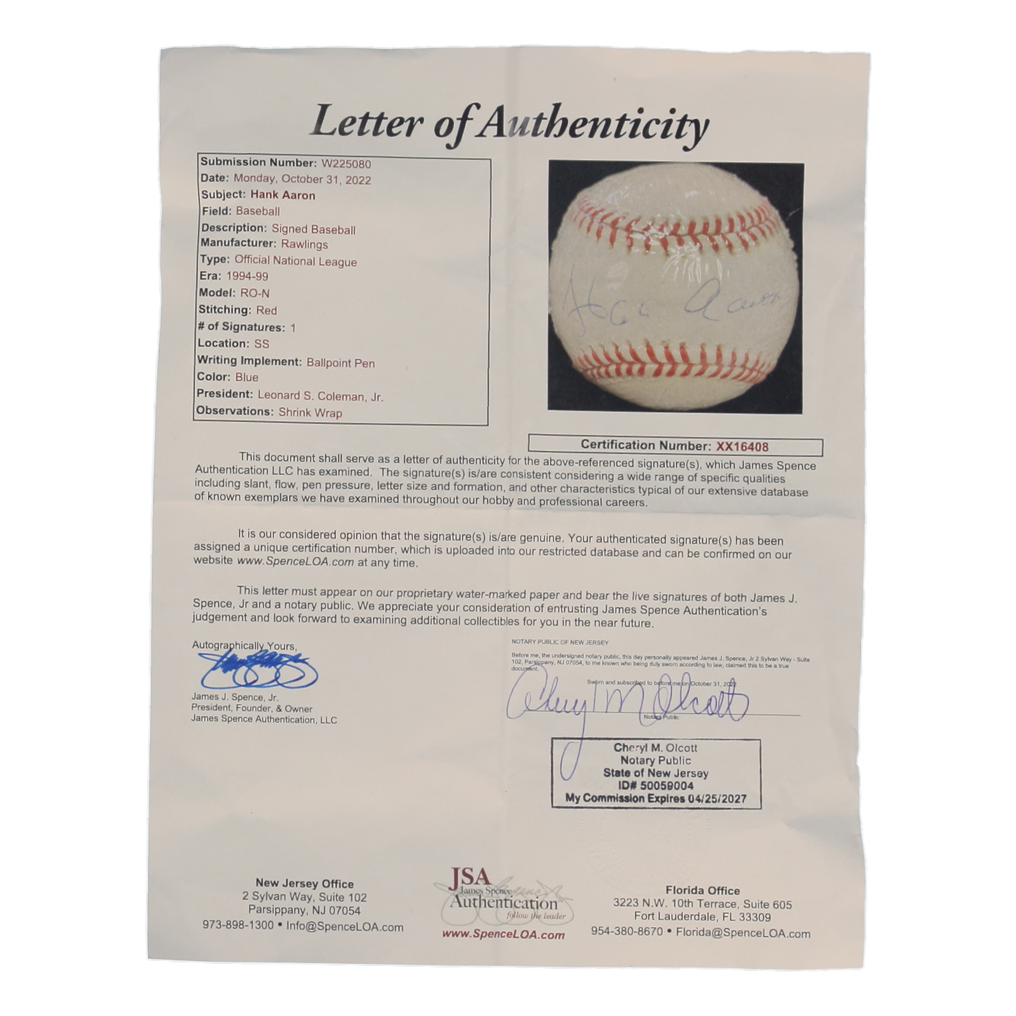 Hank Aaron Signed OL Baseball (JSA) at PristineAuction.com Hank Aaron Signed OL Baseball (JSA) at PristineAuction.com