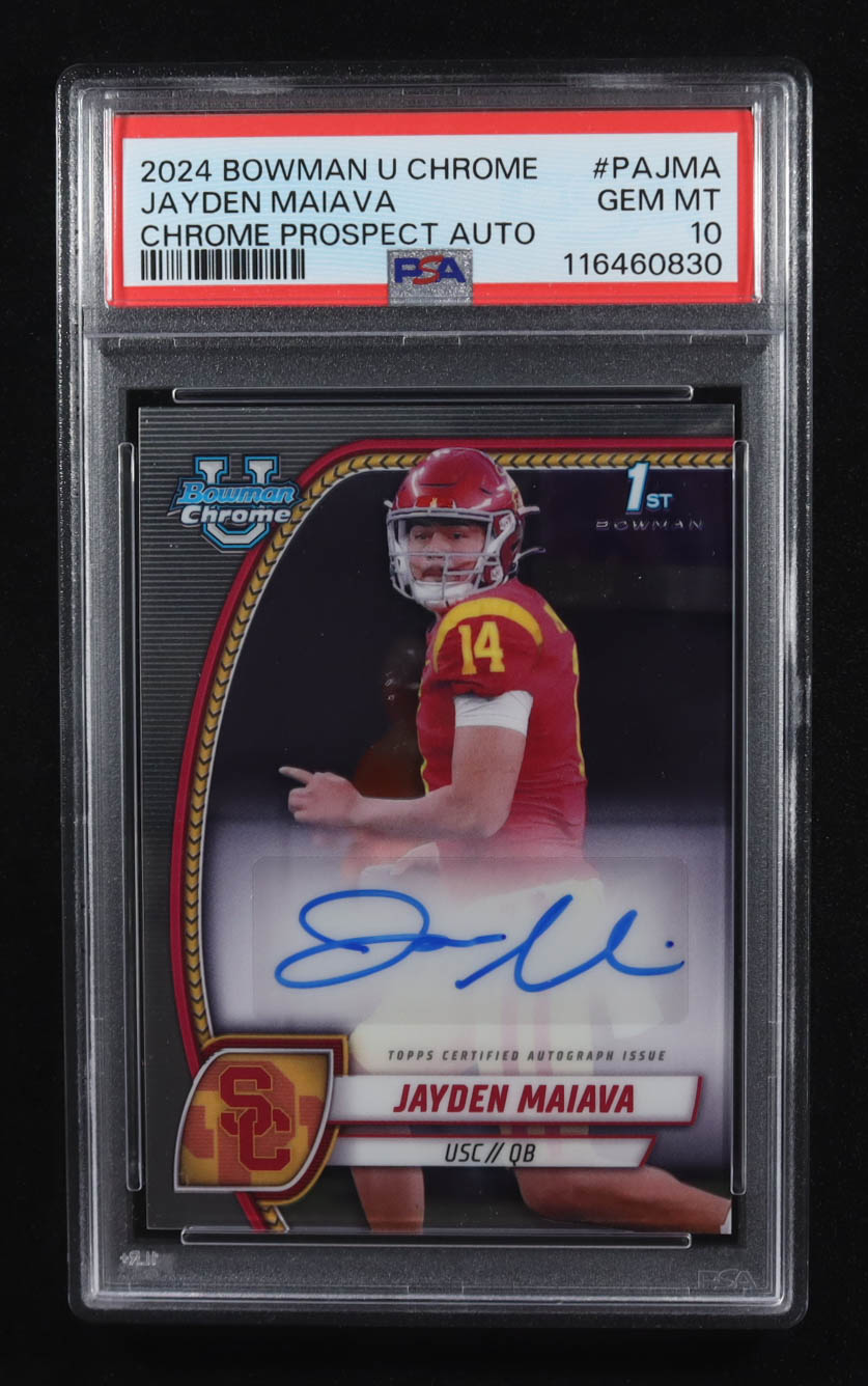 Jayden Maiava 2024 Bowman Chrome University Prospect Autographs #PAJMA RC (PSA 10) at PristineAuction.com Jayden Maiava 2024 Bowman Chrome University Prospect Autographs #PAJMA RC (PSA 10) at PristineAuction.com