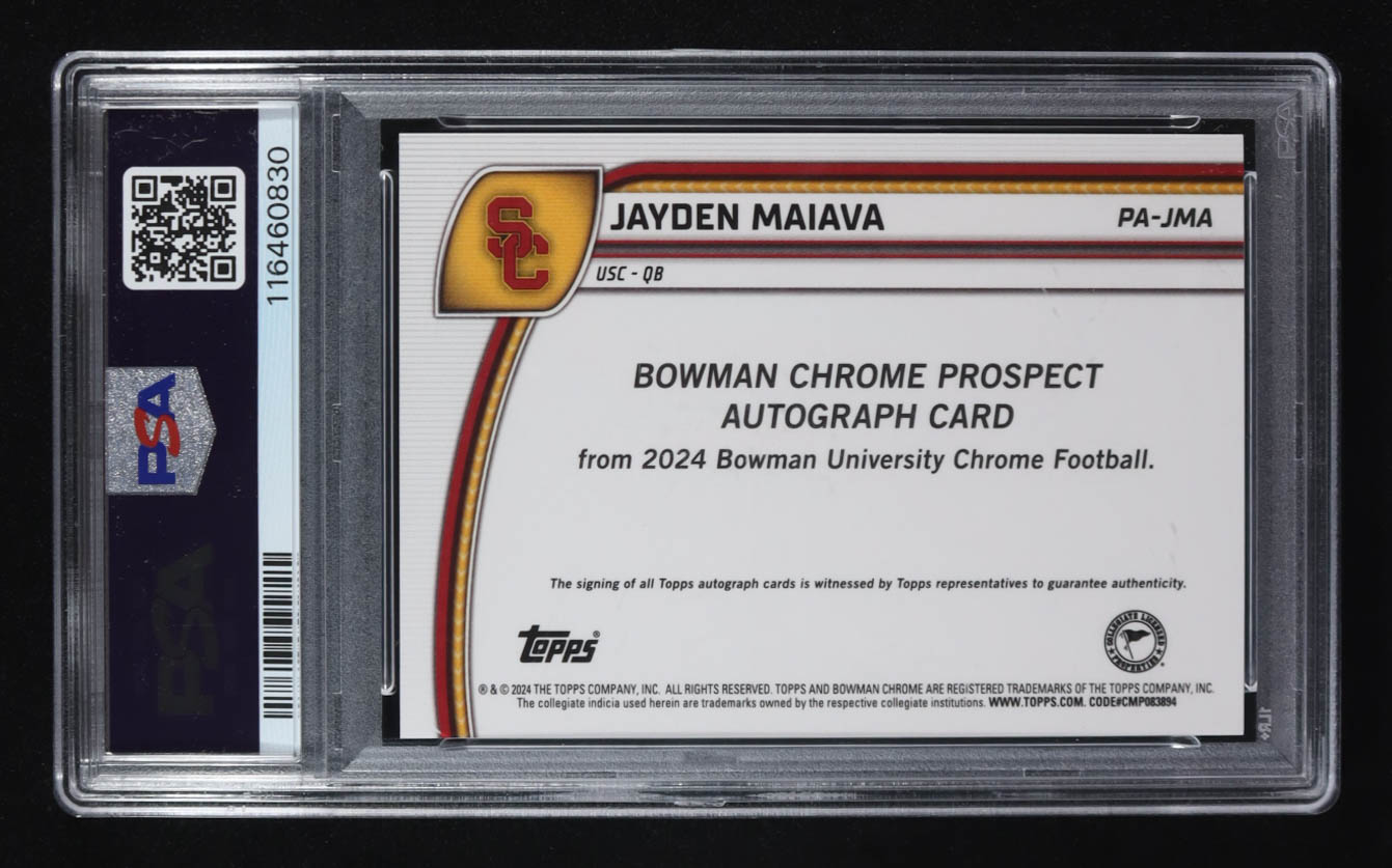 Jayden Maiava 2024 Bowman Chrome University Prospect Autographs #PAJMA RC (PSA 10) at PristineAuction.com Jayden Maiava 2024 Bowman Chrome University Prospect Autographs #PAJMA RC (PSA 10) at PristineAuction.com