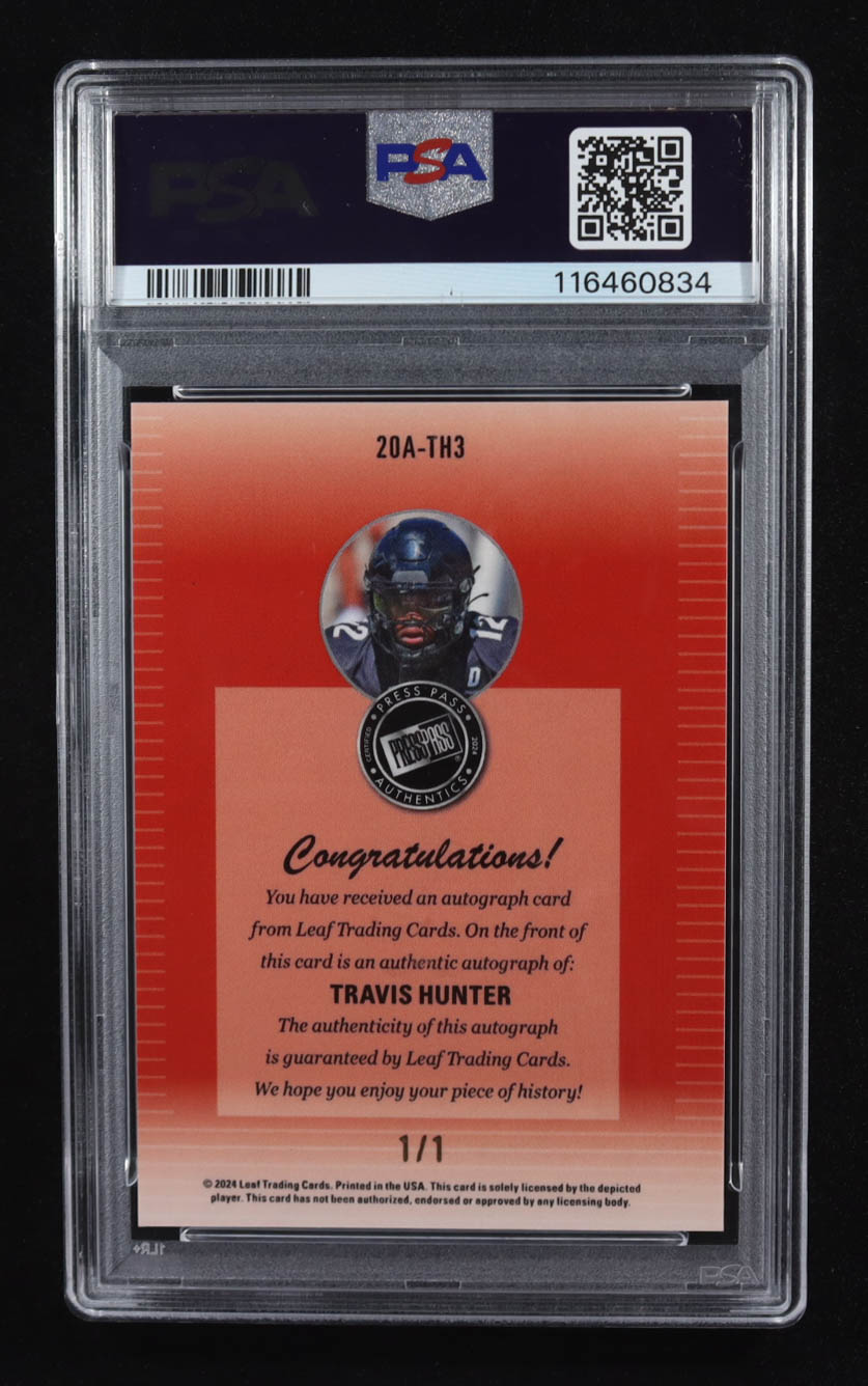 Travis Hunter 2024 Leaf Collective '00 Press Pass Autographs Shimmer Black #20ATH3 #1/1 RC (PSA 9) at PristineAuction.com Travis Hunter 2024 Leaf Collective '00 Press Pass Autographs Shimmer Black #20ATH3 #1/1 RC (PSA 9) at PristineAuction.com