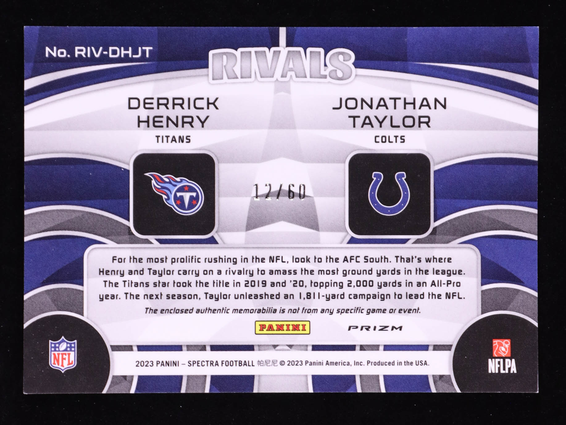 Derrick Henry / Jonathan Taylor 2023 Panini Spectra Rivals Materials Neon Blue #5 #12/60 at PristineAuction.com Derrick Henry / Jonathan Taylor 2023 Panini Spectra Rivals Materials Neon Blue #5 #12/60 at PristineAuction.com