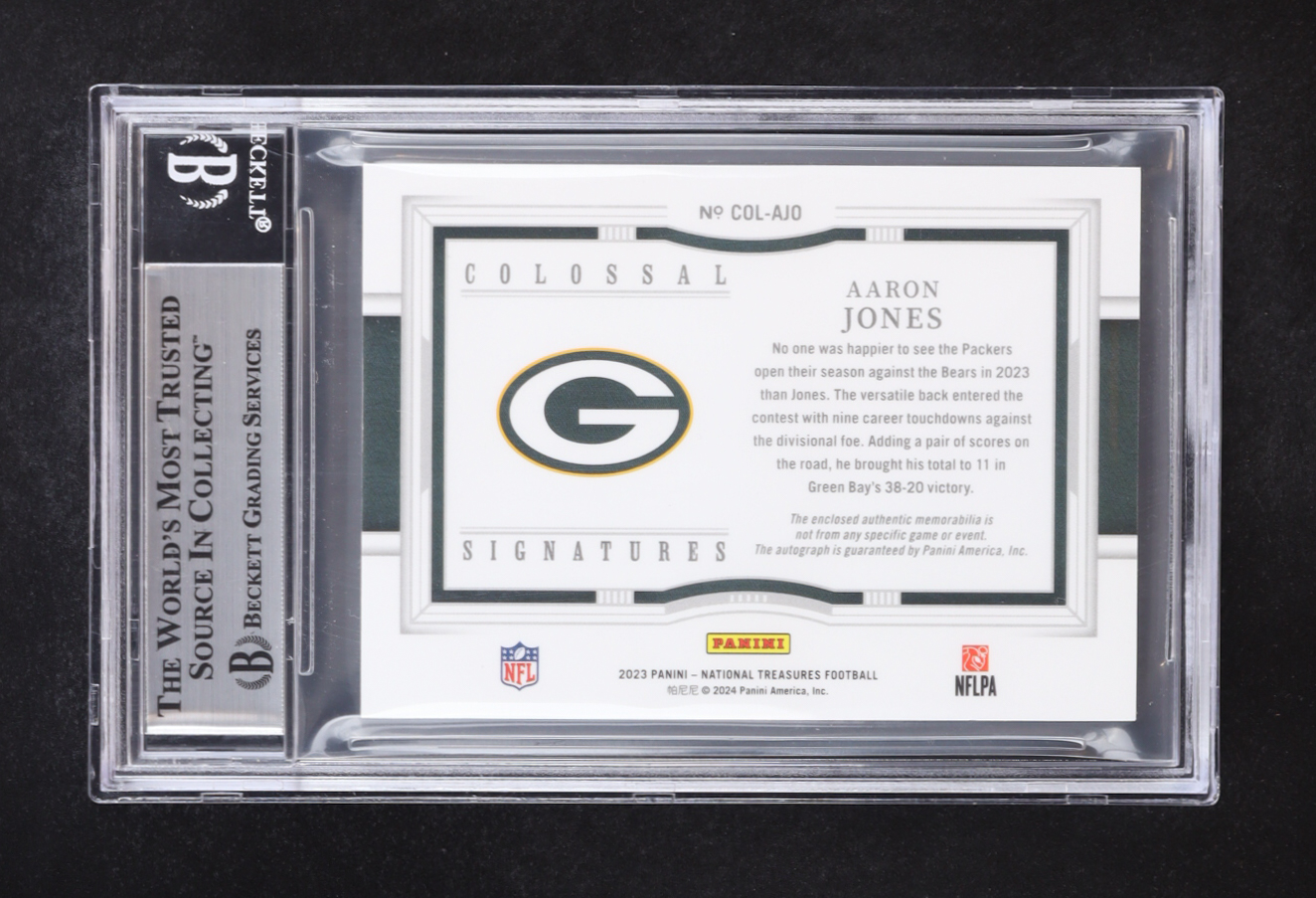 Aaron Jones 2023 Panini National Treasures Colossal Material Signatures Holo Silver Memorabilia #COL-AJ0 (BGS 9) at PristineAuction.com Aaron Jones 2023 Panini National Treasures Colossal Material Signatures Holo Silver Memorabilia #COL-AJ0 (BGS 9) at PristineAuction.com