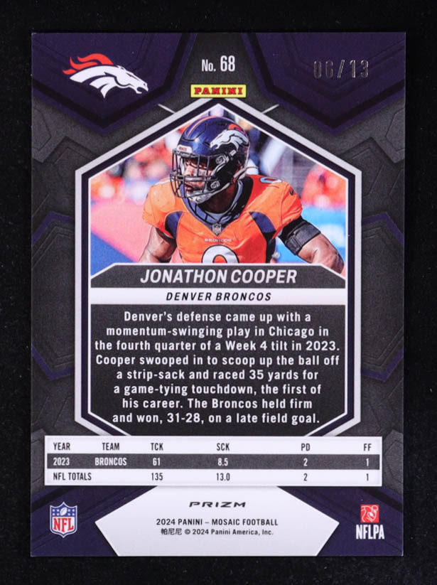Jonathon Cooper 2024 Panini Mosaic Mosaic Green Swirl #68 #06/13 at PristineAuction.com Jonathon Cooper 2024 Panini Mosaic Mosaic Green Swirl #68 #06/13 at PristineAuction.com