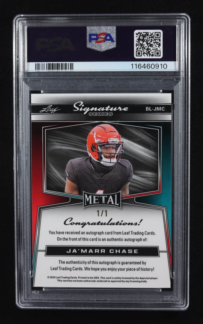 Ja'Marr Chase 2024 Leaf Metal Signature Series Green Shimmer #BLJMC #1/1 (PSA 9) at PristineAuction.com Ja'Marr Chase 2024 Leaf Metal Signature Series Green Shimmer #BLJMC #1/1 (PSA 9) at PristineAuction.com