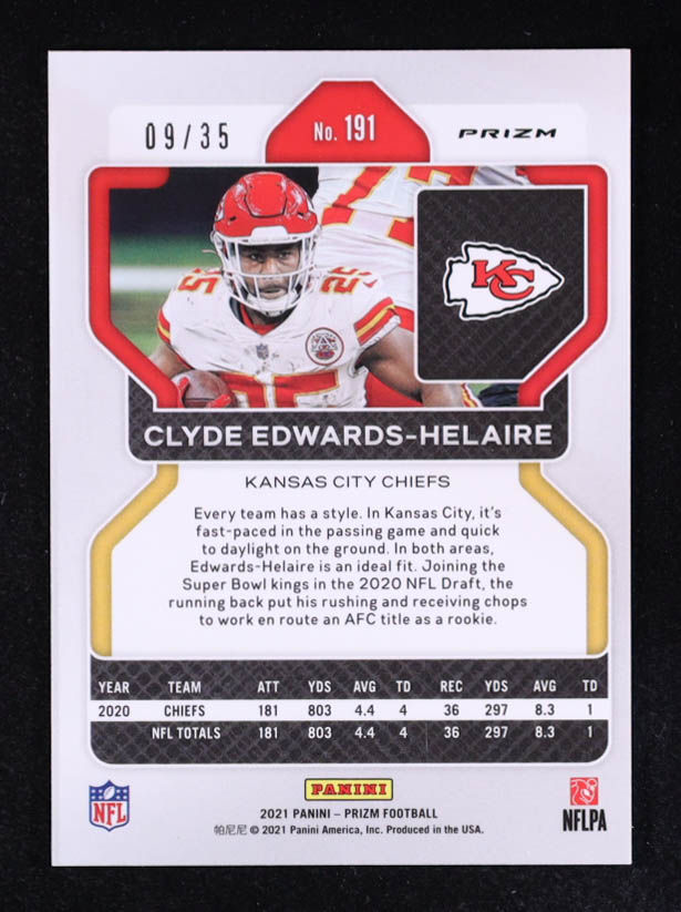 Clyde Edwards-Helaire 2021 Panini Prizm Prizms Red Shimmer #191 #09/35 at PristineAuction.com Clyde Edwards-Helaire 2021 Panini Prizm Prizms Red Shimmer #191 #09/35 at PristineAuction.com