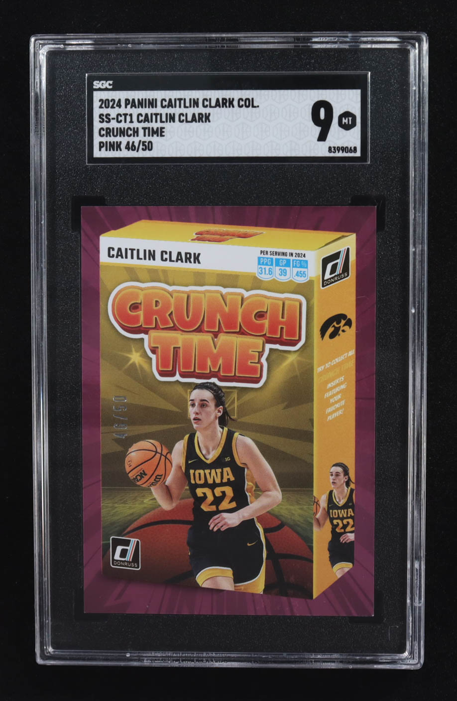 Caitlin Clark 2024 Panini Caitlin Clark Collection Donruss Crunch Time Pink #CT1 RC #46/50 (SGC 9) at PristineAuction.com Caitlin Clark 2024 Panini Caitlin Clark Collection Donruss Crunch Time Pink #CT1 RC #46/50 (SGC 9) at PristineAuction.com