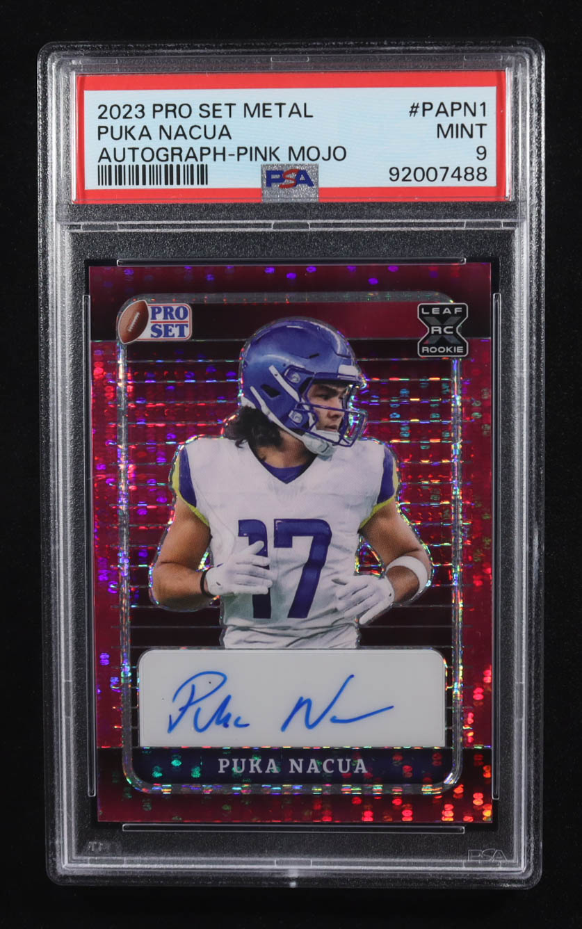 Puka Nacua 2023 Leaf Pro Set Metal Autographs Pulsar Pink #PA-PN1 #2/4 RC (PSA 9) at PristineAuction.com Puka Nacua 2023 Leaf Pro Set Metal Autographs Pulsar Pink #PA-PN1 #2/4 RC (PSA 9) at PristineAuction.com