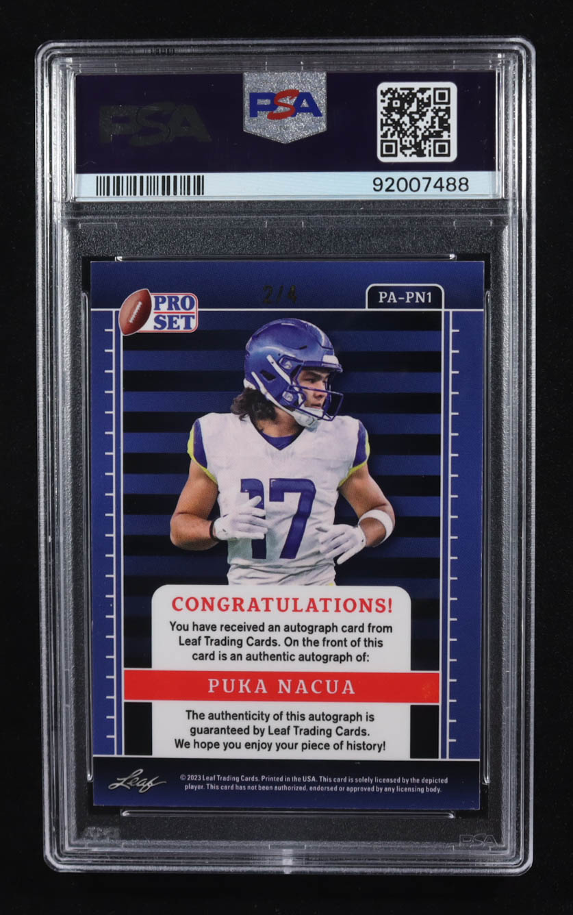 Puka Nacua 2023 Leaf Pro Set Metal Autographs Pulsar Pink #PA-PN1 #2/4 RC (PSA 9) at PristineAuction.com Puka Nacua 2023 Leaf Pro Set Metal Autographs Pulsar Pink #PA-PN1 #2/4 RC (PSA 9) at PristineAuction.com