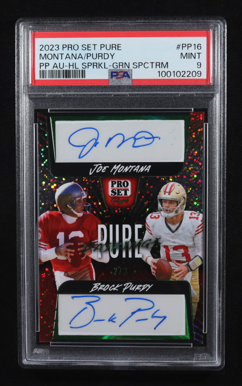 Joe Montana / Brock Purdy 2023 Pro Set Pure Pure Pairings Holo Sparkle Green #PP16 #2/3 (PSA 9) at PristineAuction.com Joe Montana / Brock Purdy 2023 Pro Set Pure Pure Pairings Holo Sparkle Green #PP16 #2/3 (PSA 9) at PristineAuction.com