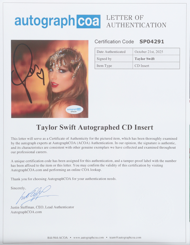 Taylor Swift Signed Custom Framed "The Life of a Showgirl" CD Album Insert Display with Disc (ACOA) at PristineAuction.com Taylor Swift Signed Custom Framed "The Life of a Showgirl" CD Album Insert Display with Disc (ACOA) at PristineAuction.com