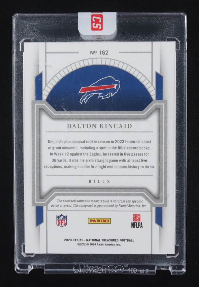 Dalton Kincaid 2023 Panini National Treasures #162 #89/99 JSY AU EXCH RC at PristineAuction.com Dalton Kincaid 2023 Panini National Treasures #162 #89/99 JSY AU EXCH RC at PristineAuction.com