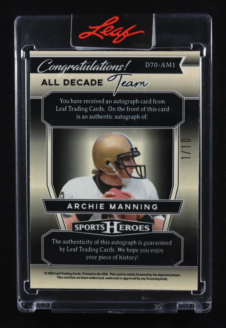 Archie Manning 2025 Leaf Sports Heroes All Decade Team '70s Autograph Purple Crystal #D70AM1 #01/10 at PristineAuction.com Archie Manning 2025 Leaf Sports Heroes All Decade Team '70s Autograph Purple Crystal #D70AM1 #01/10 at PristineAuction.com