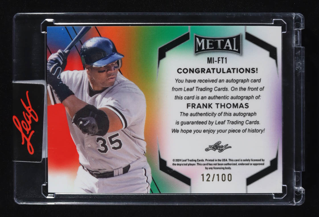Frank Thomas 2024 Leaf Metal Inscriptions Prismatic Red #MIFT1 #012/100 at PristineAuction.com Frank Thomas 2024 Leaf Metal Inscriptions Prismatic Red #MIFT1 #012/100 at PristineAuction.com