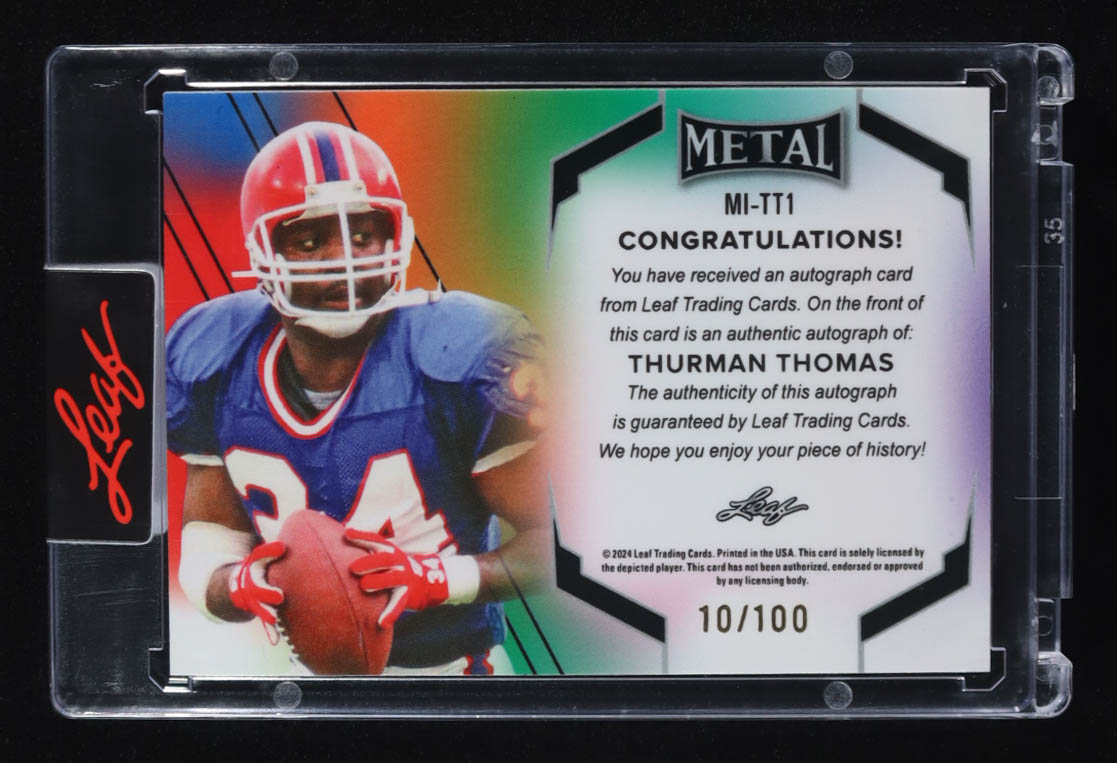 Thurman Thomas 2024 Leaf Metal Inscriptions Prismatic Blue #MITT1 #010/100 at PristineAuction.com Thurman Thomas 2024 Leaf Metal Inscriptions Prismatic Blue #MITT1 #010/100 at PristineAuction.com