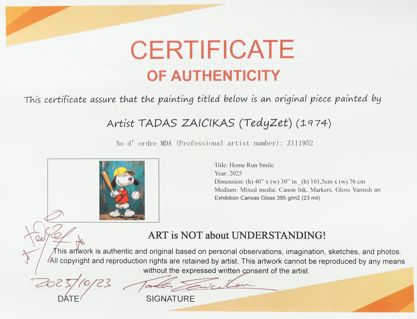 "Home Run Smile" 2025 34x44 Original Painting on Canvas by Tadas Zaicikas | TedyZet (Zaicikas) at PristineAuction.com "Home Run Smile" 2025 34x44 Original Painting on Canvas by Tadas Zaicikas | TedyZet (Zaicikas) at PristineAuction.com