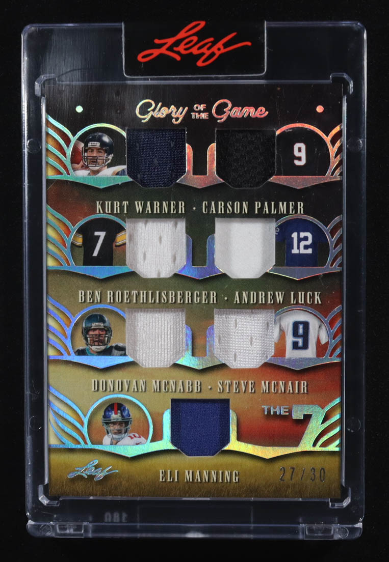 Kurt Warner / Carson Palmer / Ben Roethlisberger / Andrew Luck / Donovan McNabb / Steve McNair / Eli Manning 2025 Leaf Glory of the Game The 7 Jerseys #T77 #27/30 at PristineAuction.com Kurt Warner / Carson Palmer / Ben Roethlisberger / Andrew Luck / Donovan McNabb / Steve McNair / Eli Manning 2025 Leaf Glory of the Game The 7 Jerseys #T77 #27/30 at PristineAuction.com