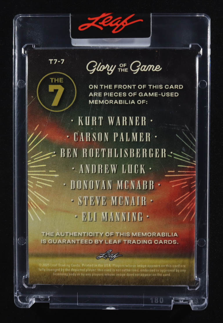 Kurt Warner / Carson Palmer / Ben Roethlisberger / Andrew Luck / Donovan McNabb / Steve McNair / Eli Manning 2025 Leaf Glory of the Game The 7 Jerseys #T77 #27/30 at PristineAuction.com Kurt Warner / Carson Palmer / Ben Roethlisberger / Andrew Luck / Donovan McNabb / Steve McNair / Eli Manning 2025 Leaf Glory of the Game The 7 Jerseys #T77 #27/30 at PristineAuction.com