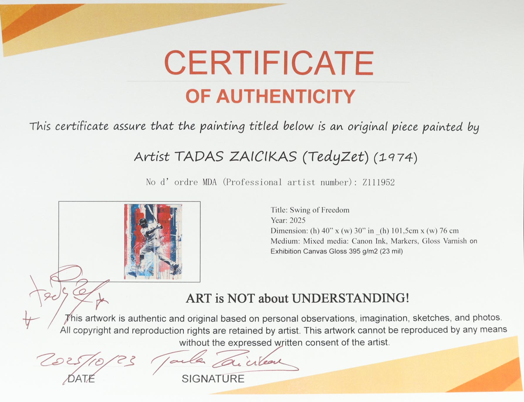 "Swing of Freedom" 2025 34x44 Original Painting on Canvas by Tadas Zaicikas | TedyZet (Zaicikas) at PristineAuction.com "Swing of Freedom" 2025 34x44 Original Painting on Canvas by Tadas Zaicikas | TedyZet (Zaicikas) at PristineAuction.com