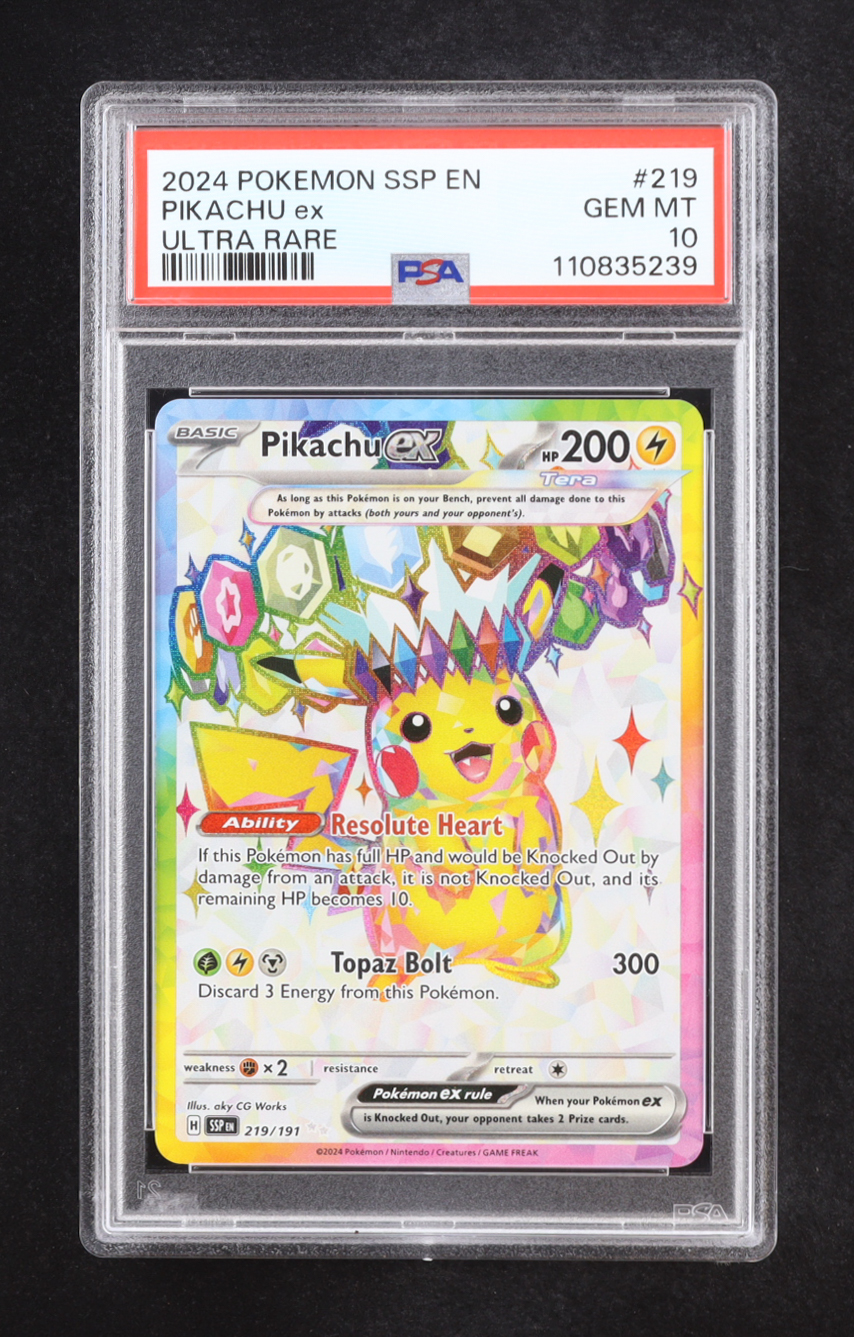 Pikachu ex 2024 Pokemon Scarlet and Violet Surging Sparks #219 (PSA 10) at PristineAuction.com Pikachu ex 2024 Pokemon Scarlet and Violet Surging Sparks #219 (PSA 10) at PristineAuction.com