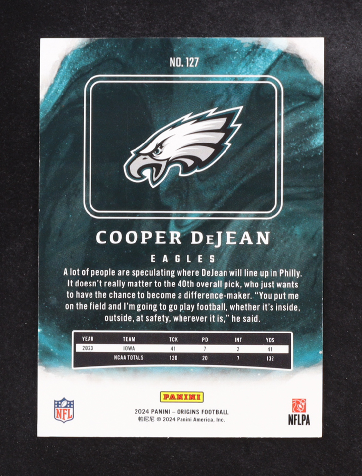 Cooper DeJean 2024 Panini Origins #127 RC #52/75 at PristineAuction.com Cooper DeJean 2024 Panini Origins #127 RC #52/75 at PristineAuction.com