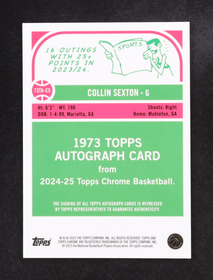 Collin Sexton 2024-25 Topps Chrome '73 Topps Autographs Purple Geometric Refractors #73TACS at PristineAuction.com Collin Sexton 2024-25 Topps Chrome '73 Topps Autographs Purple Geometric Refractors #73TACS at PristineAuction.com