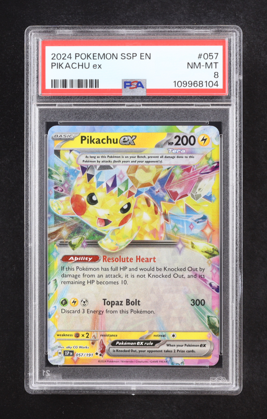 Pikachu ex 2024 Pokemon Scarlet and Violet Surging Sparks #057 (PSA 8) at PristineAuction.com Pikachu ex 2024 Pokemon Scarlet and Violet Surging Sparks #057 (PSA 8) at PristineAuction.com